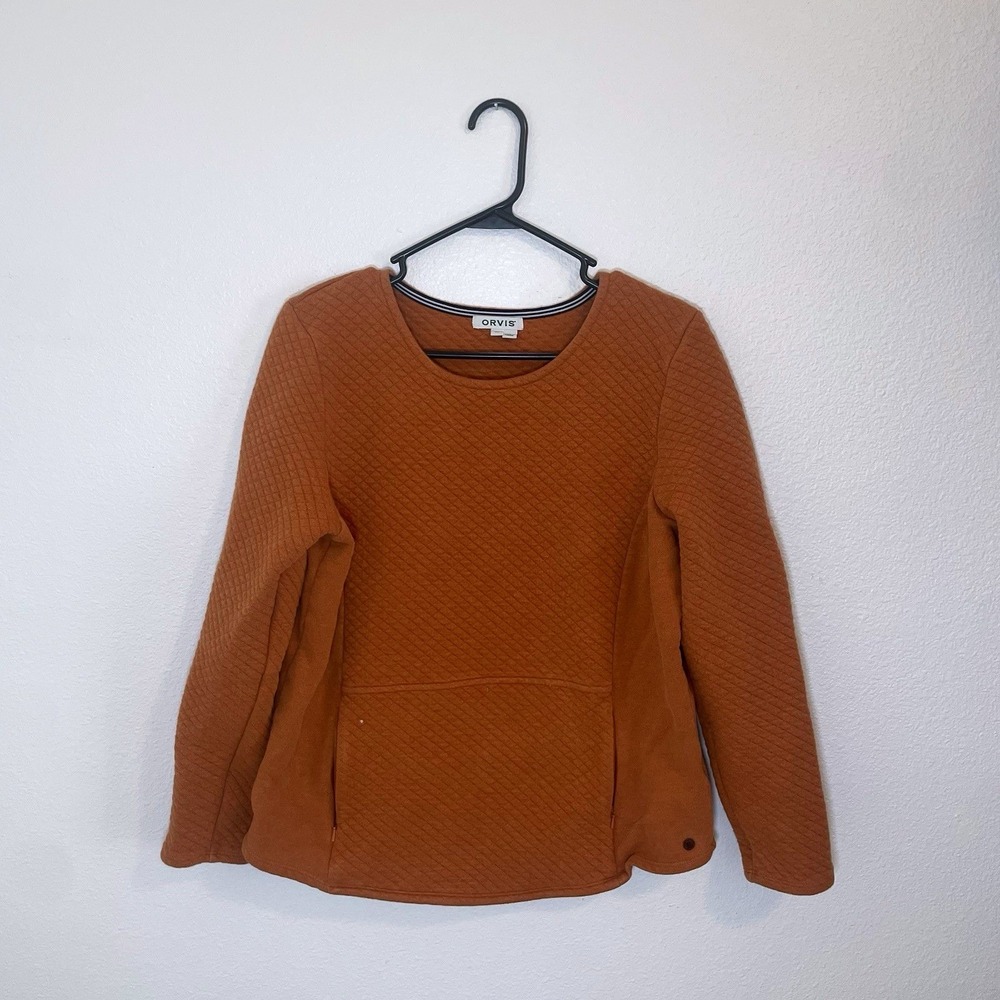 Orvis Womens Small Sweatshirt Light Burnt Orange‎  Pullover Zip Pockets Front